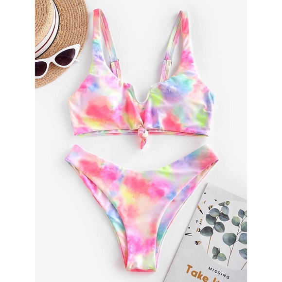 Tie Dye Knot Padded 2 Piece Bikini Set Straps High Cut Bathing Swim Suit S - Picture 2 of 5